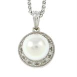 An 18ct gold cultured pearl and colourless gem cluster pendant, with 18ct gold trace-link chain.