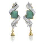 A pair of vari-cut diamond and gem-set drop earrings.