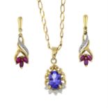 A tanzanite and diamond pendant, with chain, together with a pair of earrings.