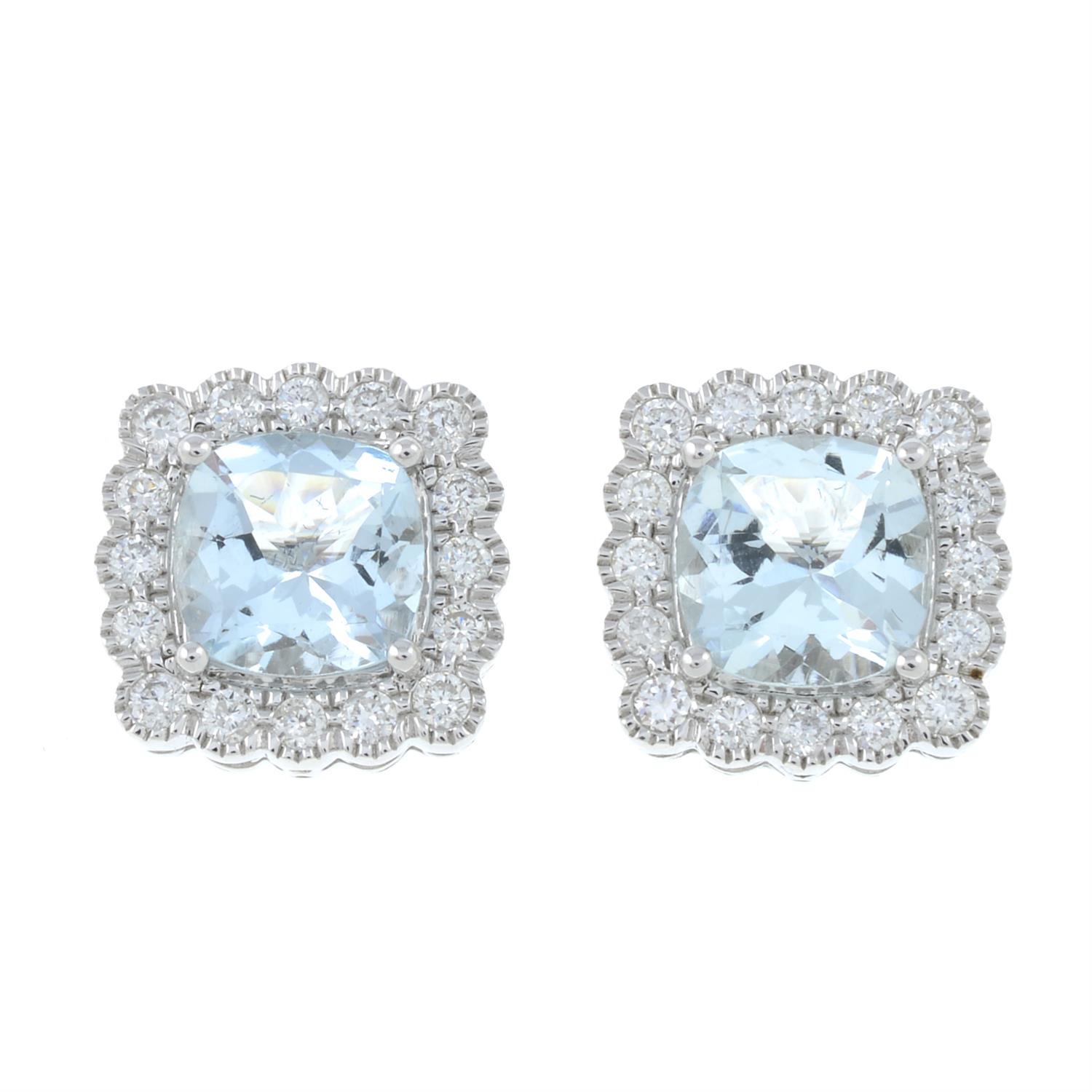 A pair of 18ct gold aquamarine and diamond square-shape cluster earrings.