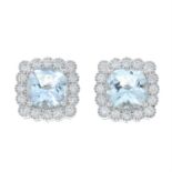 A pair of 18ct gold aquamarine and diamond square-shape cluster earrings.