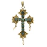An aventurine quartz and cultured pearl cross pendant.
