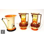 Three 1930s Art Deco Myott jugs comprising a pair of Square Neck in pattern 9698 and one Lemonade in