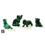 A collection of five malachite animals, formed as a stylised cat, dog, owl, lion and frog, height of