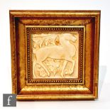A 1950s framed Marsden 4in dust pressed tile, intaglio molded with a stag, the design attributed