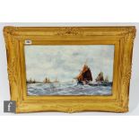ENGLISH SCHOOL (LATE 19TH CENTURY) - Sailing boats off a jetty, oil on board, framed, 29.5cm x 50cm,