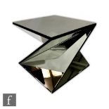 A bevel mirror panelled occasional table of stepped angular form, unlabelled, height 52cm and 59cm