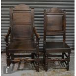 A set of eight late 19th Century oak panelled high back dining chairs, shaped top rails over plank