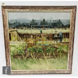 JOHN LINES, RBSA (B.1938) - The Allotment, oil on canvas, signed, framed, 76cm x 76cm, frame size