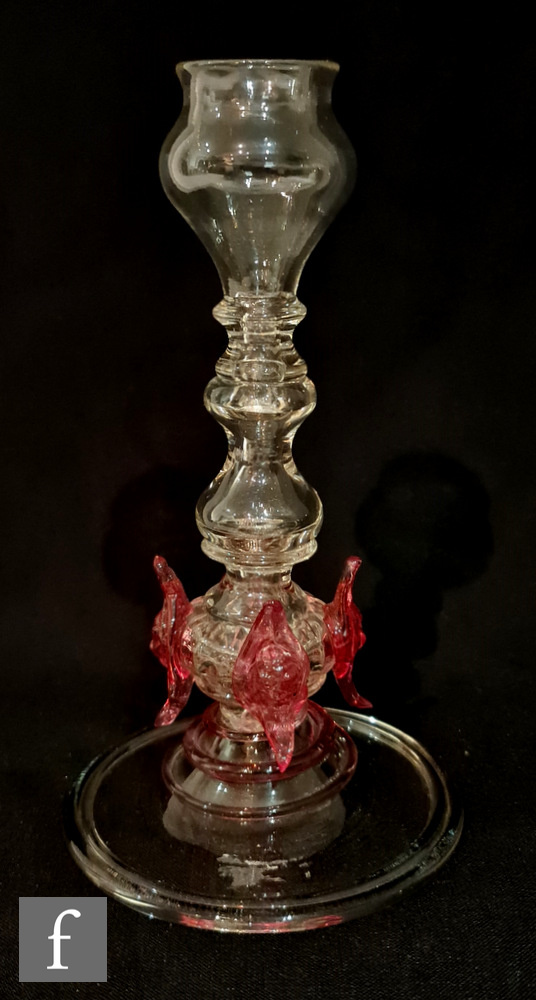 An early 20th Century clear crystal glass candlestick in the manner of Salviati, the multiple