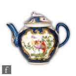 A late 18th to early 19th Century Worcester teapot decorated with two cartouche panels each with a