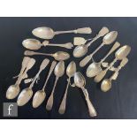 A collection of Georgian and later hallmarked silver spoons of varying form, makers to include James