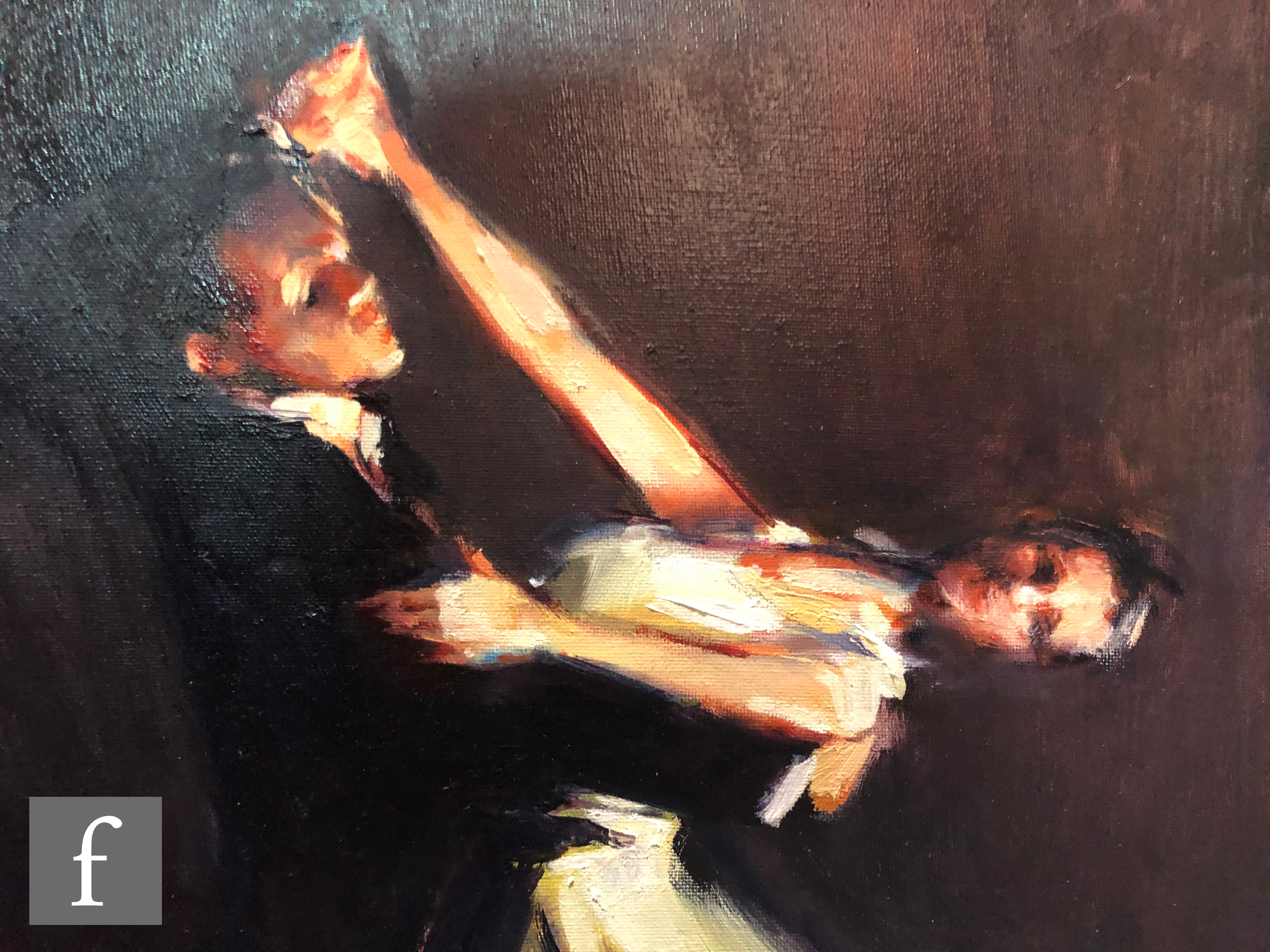 GLENN BADHAM (CONTEMPORARY) - Ballroom dancers, oil on canvas, signed, unframed, 51cm x 51cm. - Image 2 of 4