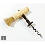 A 19th Century Henshall type bone handle combination corkscrew and dusting brush, the handle with