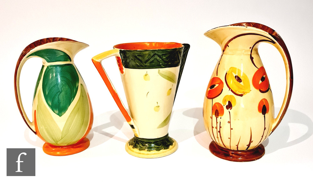 Three 1930s Art Deco Myott jugs comprising two Chicken Neck in pattern BGi and 9818 and one