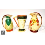 Three 1930s Art Deco Myott jugs comprising two Chicken Neck in pattern BGi and 9818 and one