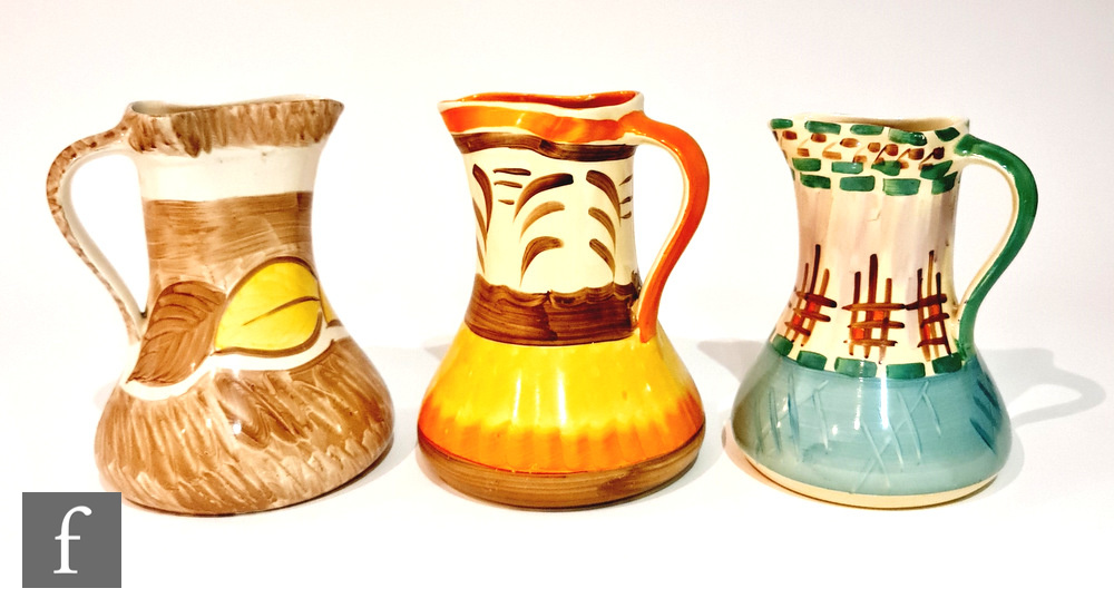 Three 1930s Art Deco Myott Pinch Neck jugs in patterns H8318, 8973 and 2654F, all with hand