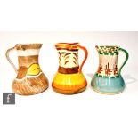 Three 1930s Art Deco Myott Pinch Neck jugs in patterns H8318, 8973 and 2654F, all with hand