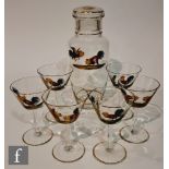 A 1930s glass cocktail set, comprising a decanter of ovoid form and six conical bowl stemmed