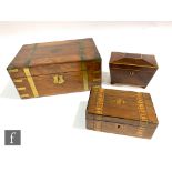 A Victorian figured walnut work box with brass banding, S/D, width 35cm, a similar small box lacking