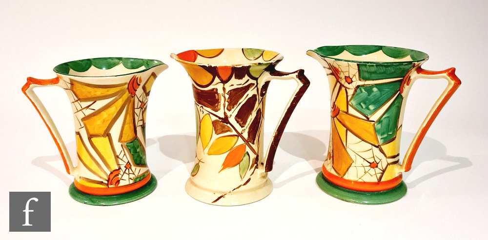 Three 1930s Art Deco Myott Lemonade jugs comprising two graduated in pattern 8708 with a hand