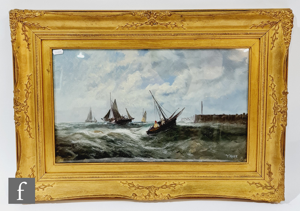 ENGLISH SCHOOL (LATE 19TH CENTURY) - Sailing boats off a jetty, oil on board, framed, 29.5cm x 50cm, - Image 2 of 2