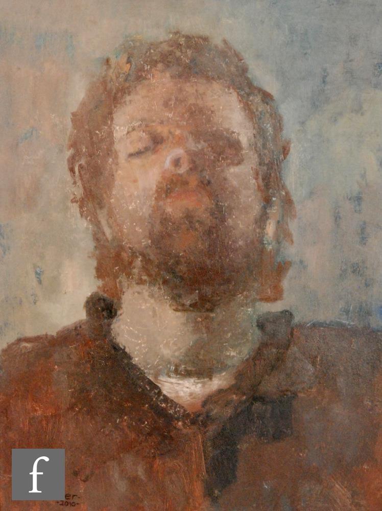 JOHN PACER (B. 1979) - Self Portrait, oil on board, signed and dated 2010, framed, 50cm x 37cm,