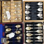 Four cased set of tea spoons, Coburg pattern Victorian pierced set, a thistle terminal set and a