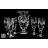 A 1920s/1930s Stuart and Sons lemonade pitcher in pattern no. 27155, with five drinking glasses,
