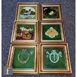 Six framed 6in dust pressed Art Nouveau tiles to include one T.R Boote decorated with a relief