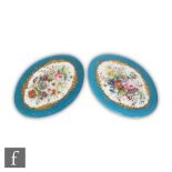 A pair of late 19th to early 20th Century oval plaques, each decorated with a hand painted spray
