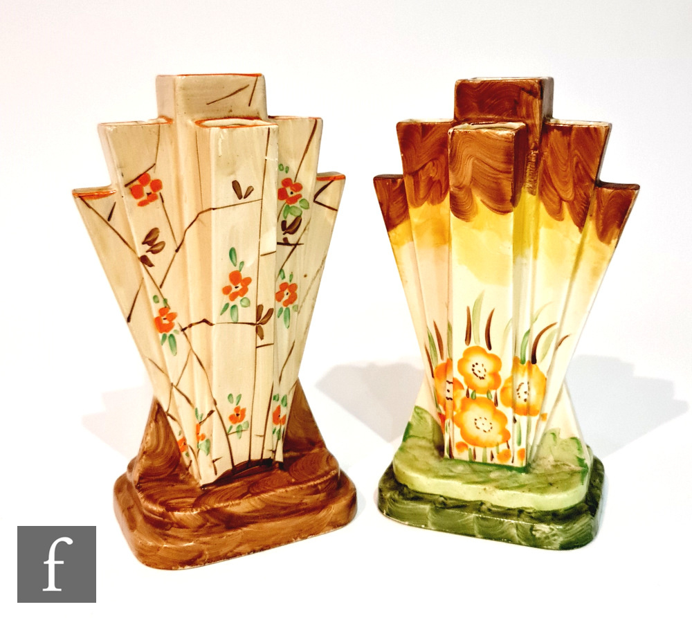 Two 1930s Art Deco Myott Pyramid (or Odeon) vases, the first decorated in pattern 8667, the second