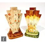 Two 1930s Art Deco Myott Pyramid (or Odeon) vases, the first decorated in pattern 8667, the second