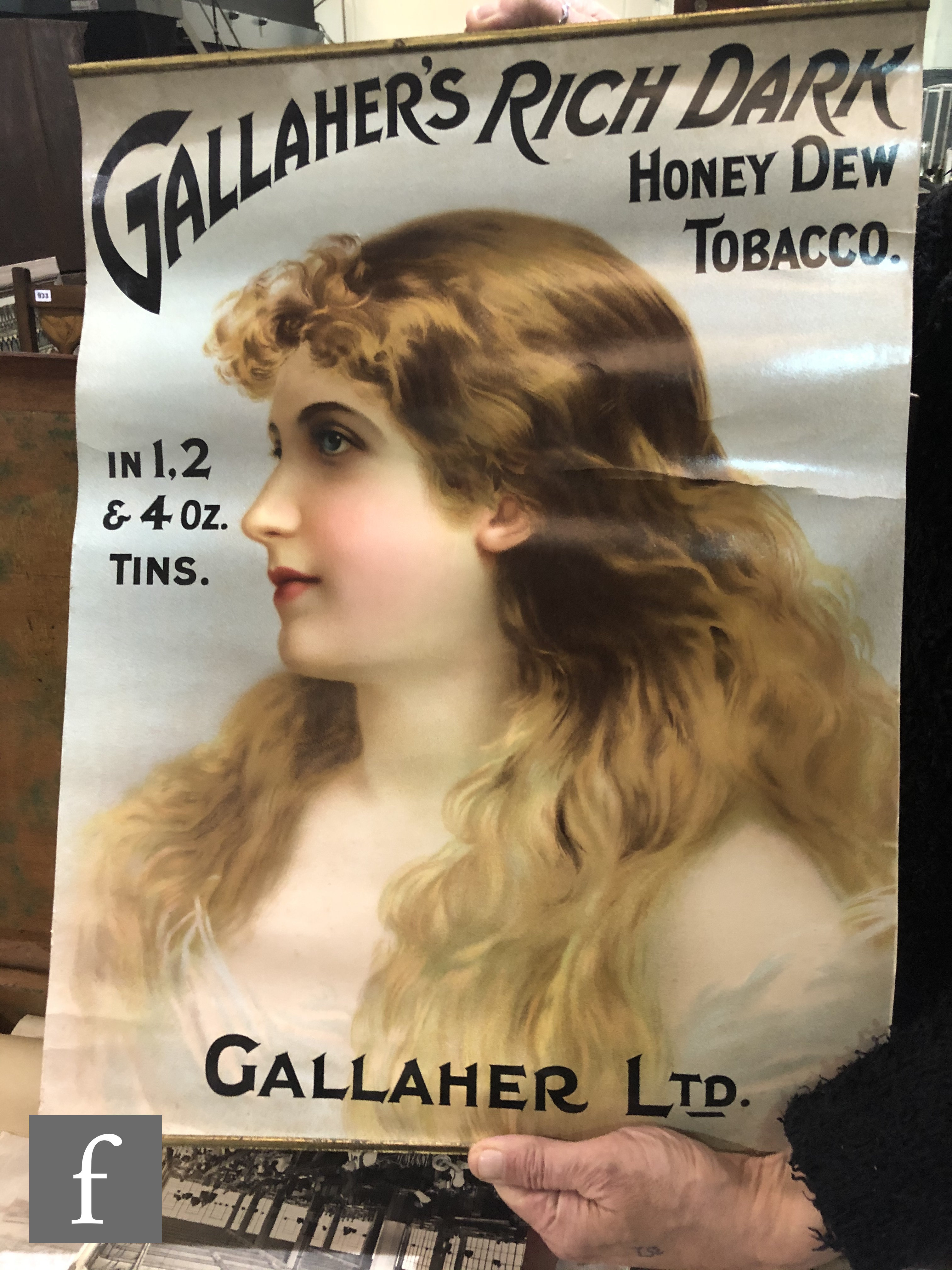 Two Edwardian Gallaher scroll pictorial advertising cardboard signs depicting glamorous girls, - Image 2 of 6