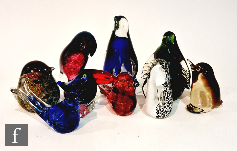 A collection of assorted glass paperweights formed as birds, to include various Wedgwood examples