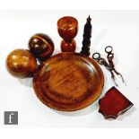 A 19th century double boxwood measure of cup form, height 12cm, a yew wood hinged watch case, a