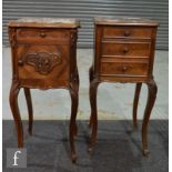 Two early 20th Century French walnut bedside cabinets, each with quarter veneered drawer fronts
