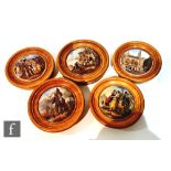 Five late 19th Century framed Staffordshire pot lids comprising Embarking for the East, The