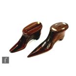 A 19th rosewood snuff shoe with sliding cover, mother of pearl inlay and dot decoration, length 11.