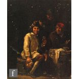 MANNER OF ADRIAEN BROUWER - Figures drinking in a tavern interior, oil on panel, framed, 17cm x