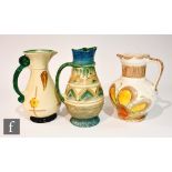 Three 1930s Art Deco Myott jugs comprising a Classical jug in pattern 2683F, a scroll handle jug