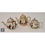 Three late 18th Century teapots of ovoid form decorated with polychrome Chinese figures, all