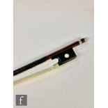 A cello bow stamped Maline, ebony frog with mother of pearl eyes, ebony adjuster with two nickel