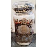A large 19th century pharmaceutical apothecary glass drug jar and cover, painted white ground and
