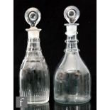 A Georgian decanter of Prussian form with applied three ring collar neck and bulls eye stopper,