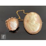 A 9ct hallmarked mounted oval cameo brooch, profile of a classical maiden, length 45mm, with a
