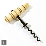A 19th Century Henshall type corkscrew with combination dusting brush, the stained and turned bone