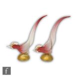 A pair of post war Italian Murano stylised glass birds in the manner of Alfredo Barbini, each with a