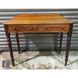 A small Victorian mahogany two drawer side table below a ledge back on turned legs, 75cm x depth