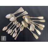 Three set of hallmarked silver old English and fiddle pattern teaspoons, total weight 7.75oz,